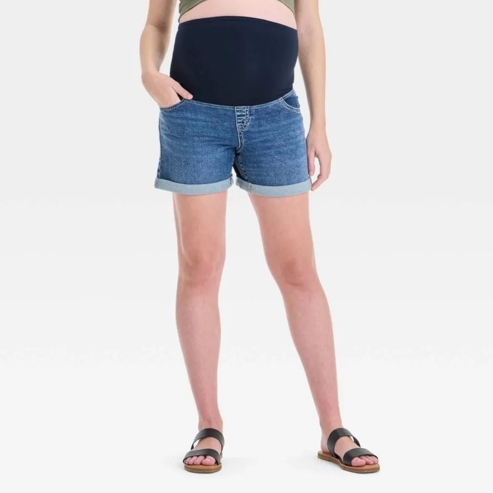 Over Belly Maternity Jean Shorts- Dark Wash Size-8: Stretch Denim, Pull-on Style